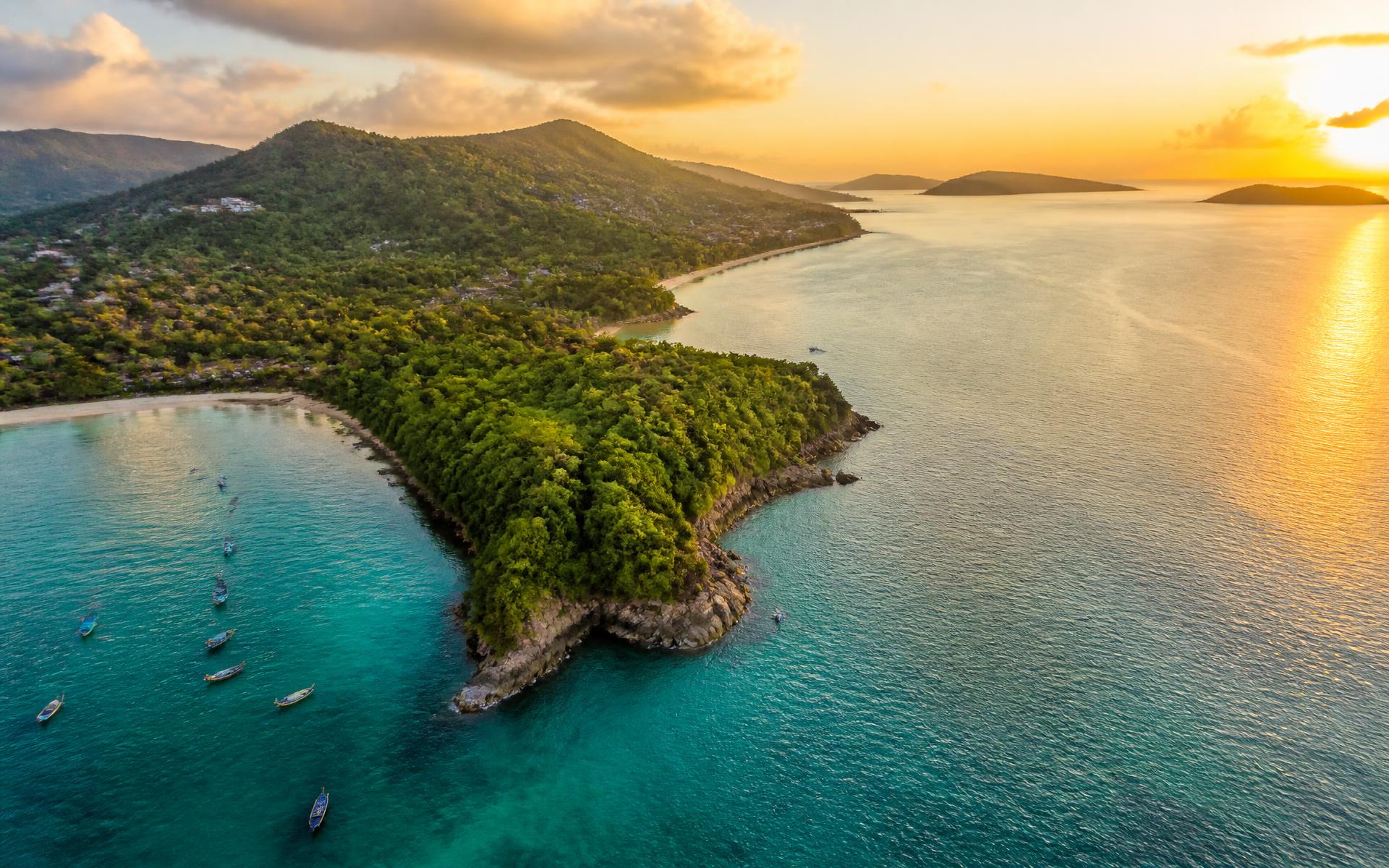 Aerial view of the Rawai coastline in Phuket at sunset